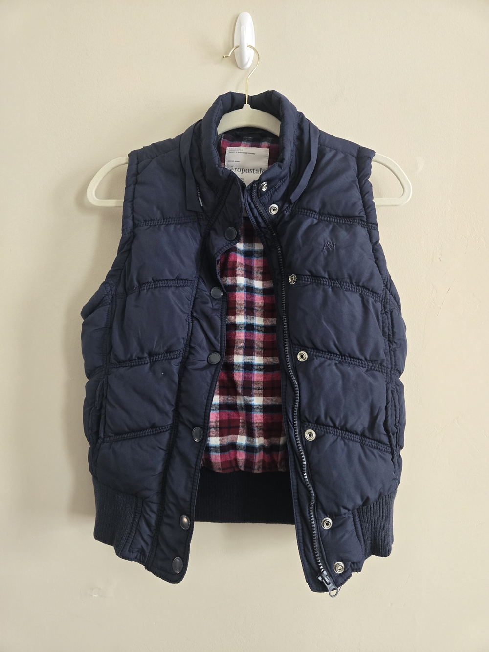 Aeropostale Navy Puffer Vest with Pink Plaid Flannel Lining